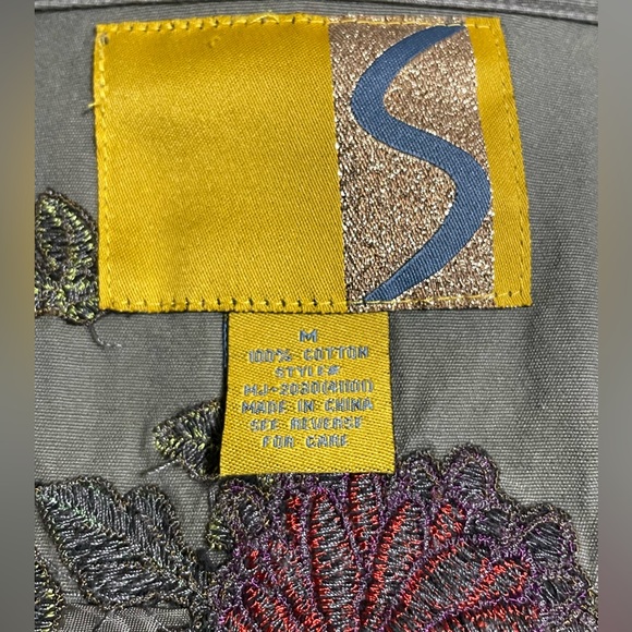 Military green denim jacket MEDIUM cropped embroidered floral vintage vntg Y2K - Picture 14 of 15